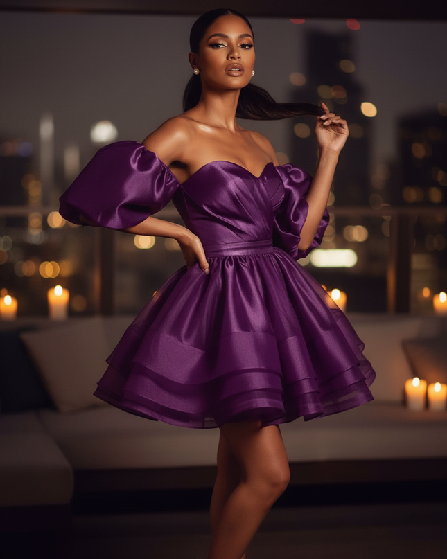 Satin Kleid Purple - Satin Cocktailkleid Lila - Off-Shoulder, kurz - Ansicht 3