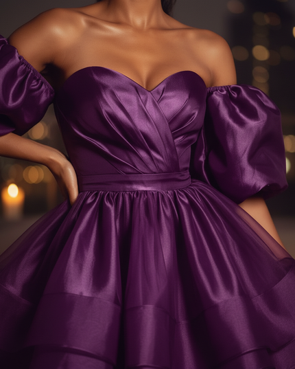 Satin Kleid Purple - Satin Cocktailkleid Lila - Off-Shoulder, kurz - Ansicht 4