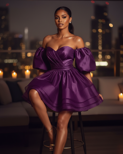 Satin Kleid Purple - Satin Cocktailkleid Lila - Off-Shoulder, kurz - Ansicht 5