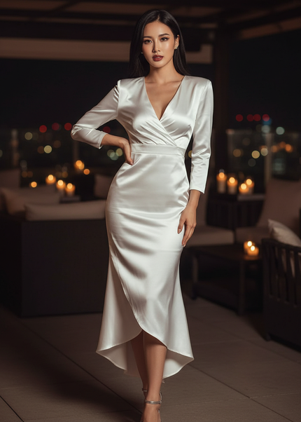 Satin Kleid White - Satin Cocktailkleid Weiss - V-Ausschnitt, midi - Ansicht 1