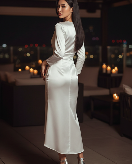Satin Kleid White - Satin Cocktailkleid Weiss - V-Ausschnitt, midi - Ansicht 2