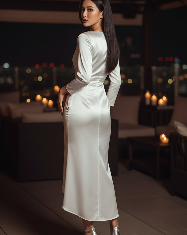 Satin Kleid White - Satin Cocktailkleid Weiss - V-Ausschnitt, midi - Ansicht 2