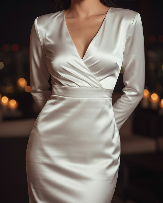 Satin Kleid White - Satin Cocktailkleid Weiss - V-Ausschnitt, midi - Ansicht 4