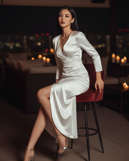 Satin Kleid White - Satin Cocktailkleid Weiss - V-Ausschnitt, midi - Ansicht 5