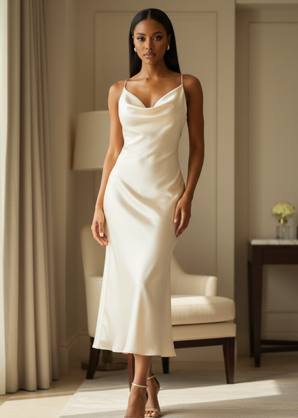 Satin Kleid Cream - Satin Kleid Knielang - Dunkelbraun Rueckenfrei - Ansicht 1