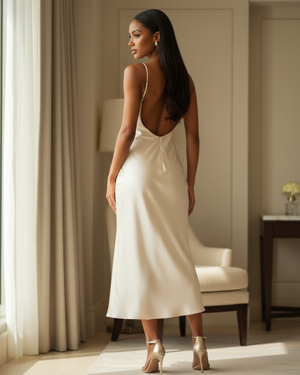 Satin Kleid Cream - Satin Kleid Knielang - Dunkelbraun Rueckenfrei - Ansicht 2