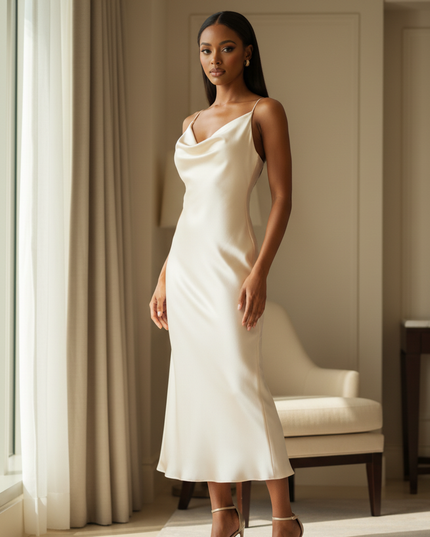Satin Kleid Cream - Satin Kleid Knielang - Dunkelbraun Rueckenfrei - Ansicht 3
