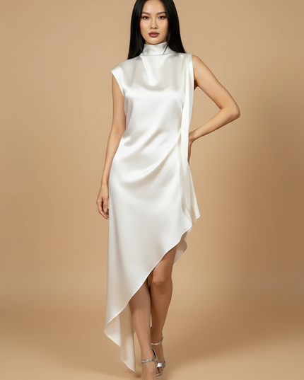 Satin Kleid White - Satin Kleid Kurz Elegant One-Shoulder Weiss - Ansicht 1