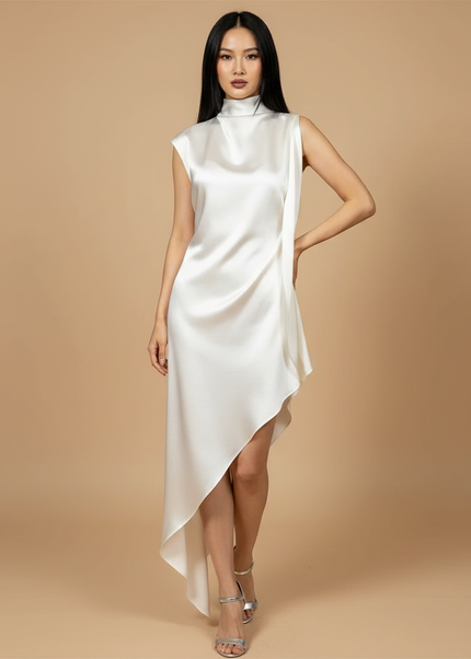 Satin Kleid White - Satin Kleid Kurz Elegant One-Shoulder Weiss - Ansicht 1