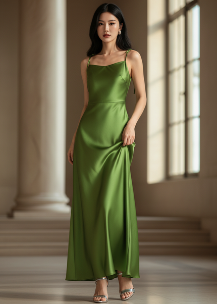 Satin Kleid - Satin Maxikleid A-Linie Gruen - Bodenlang - Ansicht 1