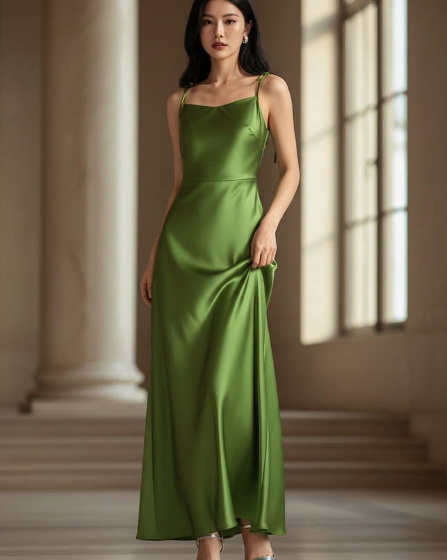 Satin Kleid - Satin Maxikleid A-Linie Gruen - Bodenlang - Ansicht 1