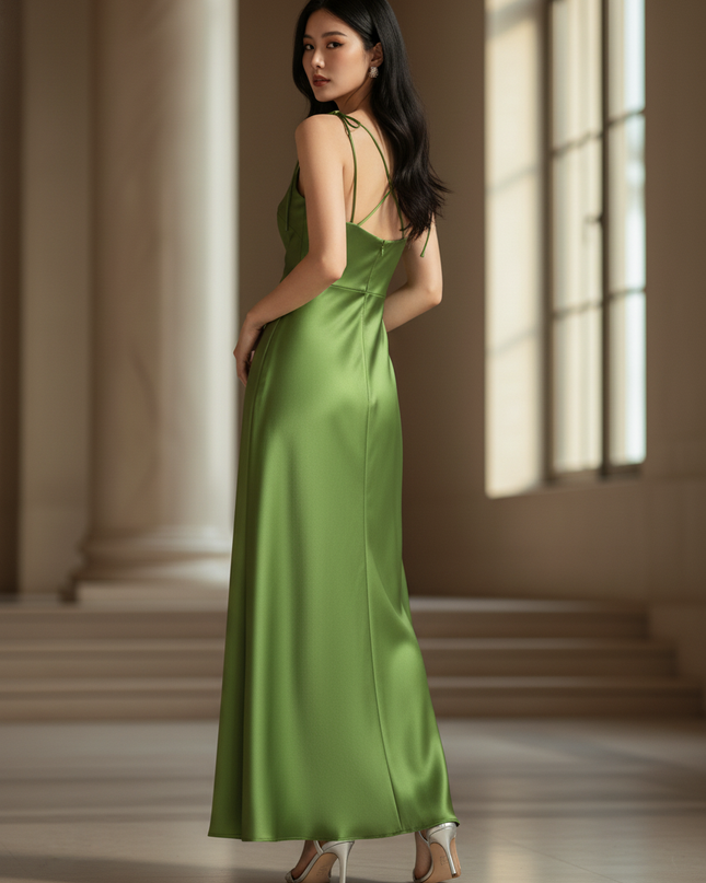Satin Kleid - Satin Maxikleid A-Linie Gruen - Bodenlang - Ansicht 2
