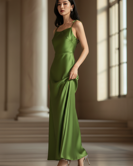 Satin Kleid - Satin Maxikleid A-Linie Gruen - Bodenlang - Ansicht 3