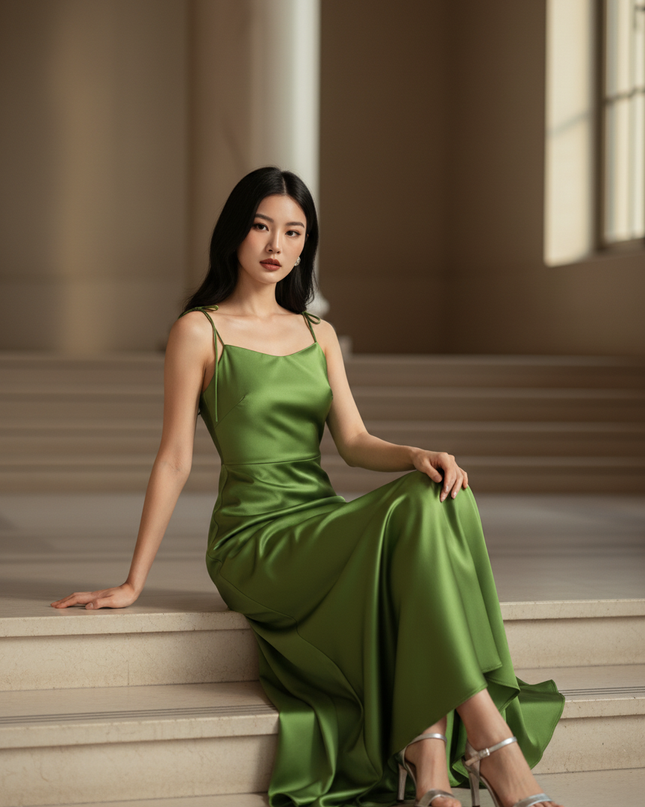 Satin Kleid - Satin Maxikleid A-Linie Gruen - Bodenlang - Ansicht 5