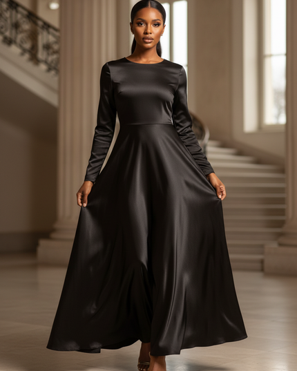 Satin Kleid - Satin Maxikleid A-Linie Schwarz - Clacive Locker Maxi - Ansicht 1