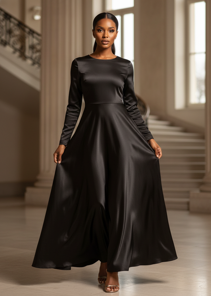 Satin Kleid - Satin Maxikleid A-Linie Schwarz - Clacive Locker Maxi - Ansicht 1