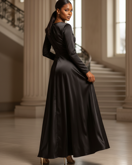 Satin Kleid - Satin Maxikleid A-Linie Schwarz - Clacive Locker Maxi - Ansicht 2