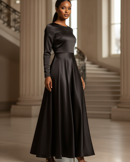 Satin Kleid - Satin Maxikleid A-Linie Schwarz - Clacive Locker Maxi - Ansicht 3