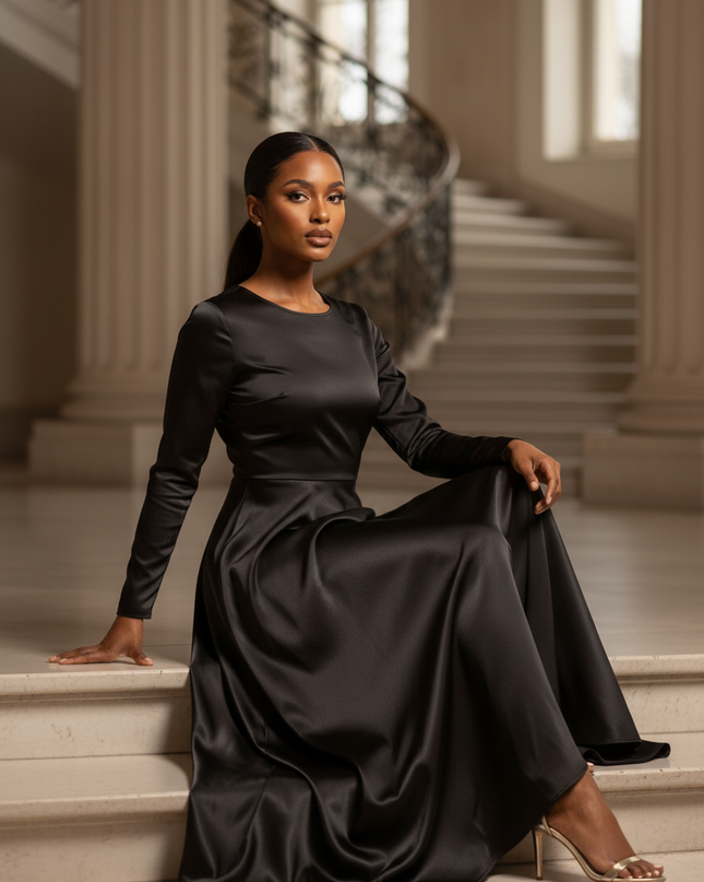 Satin Kleid - Satin Maxikleid A-Linie Schwarz - Clacive Locker Maxi - Ansicht 5