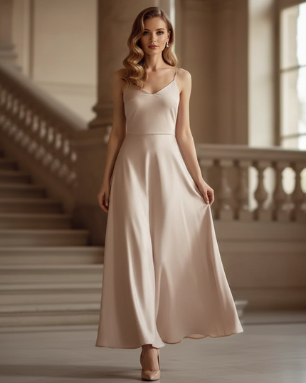 Satin Kleid - Satin Maxikleid A-Linie - Beige Creme Slip Maxi - Ansicht 1