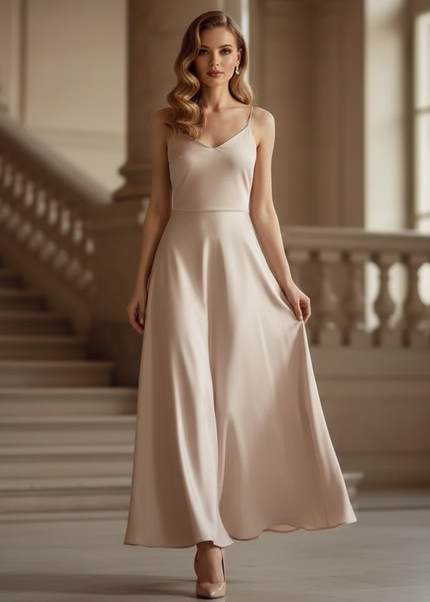Satin Kleid - Satin Maxikleid A-Linie - Beige Creme Slip Maxi - Ansicht 1