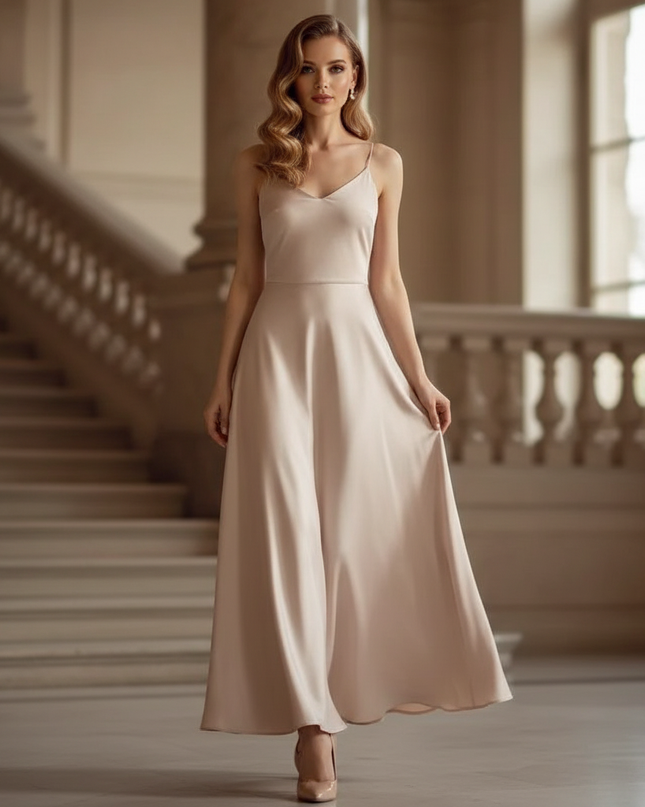 Satin Kleid - Satin Maxikleid A-Linie - Beige Creme Slip Maxi - Ansicht 1