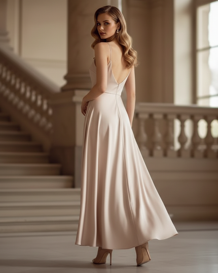 Satin Kleid - Satin Maxikleid A-Linie - Beige Creme Slip Maxi - Ansicht 2