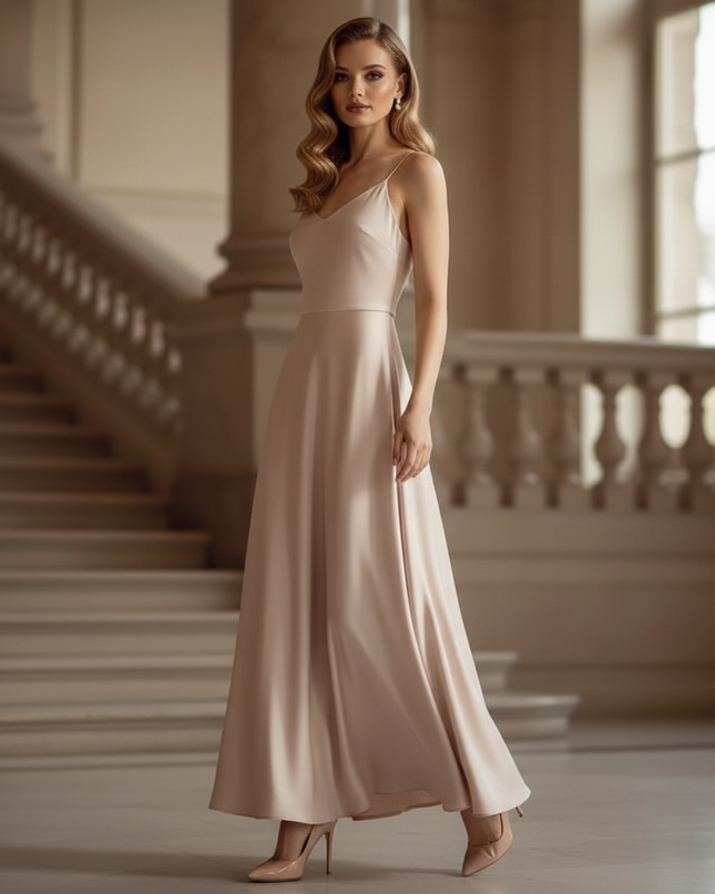 Satin Kleid - Satin Maxikleid A-Linie - Beige Creme Slip Maxi - Ansicht 3
