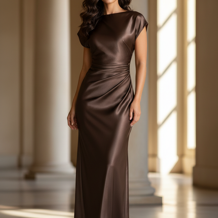 Satin Kleid - Satin Maxikleid Bodycon Braun - Schlank & Elegant - Ansicht 1