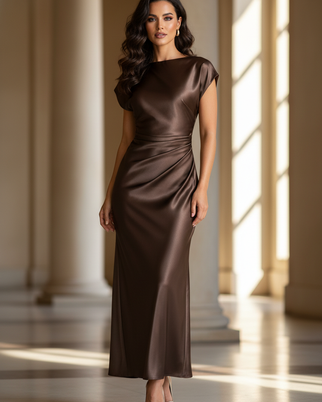 Satin Kleid - Satin Maxikleid Bodycon Braun - Schlank & Elegant - Ansicht 1