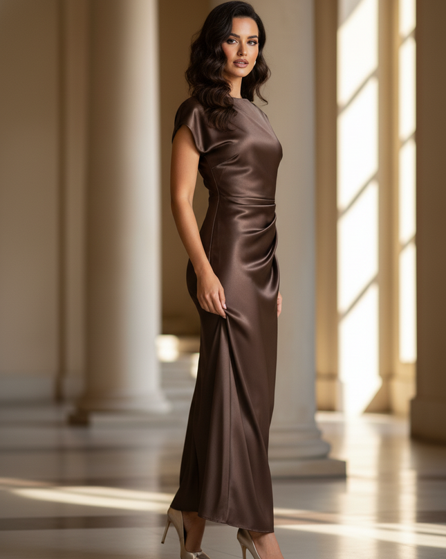 Satin Kleid - Satin Maxikleid Bodycon Braun - Schlank & Elegant - Ansicht 3