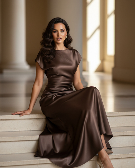 Satin Kleid - Satin Maxikleid Bodycon Braun - Schlank & Elegant - Ansicht 5