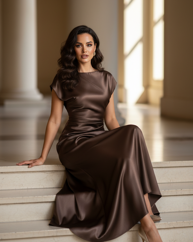 Satin Kleid - Satin Maxikleid Bodycon Braun - Schlank & Elegant - Ansicht 5