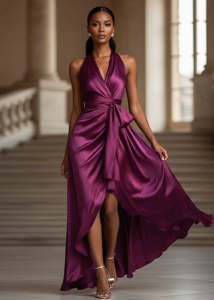 Satin Kleid - Satin Maxikleid Bodycon Rosa - Halter Rueschen Maxi - Ansicht 1