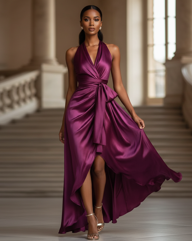 Satin Kleid - Satin Maxikleid Bodycon Rosa - Halter Rueschen Maxi - Ansicht 1