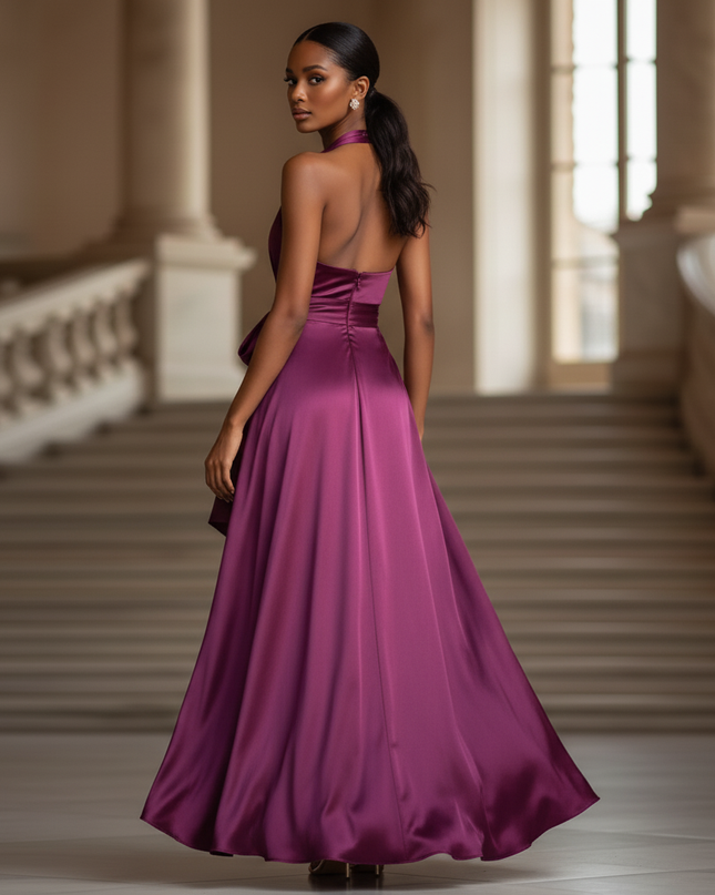 Satin Kleid - Satin Maxikleid Bodycon Rosa - Halter Rueschen Maxi - Ansicht 2