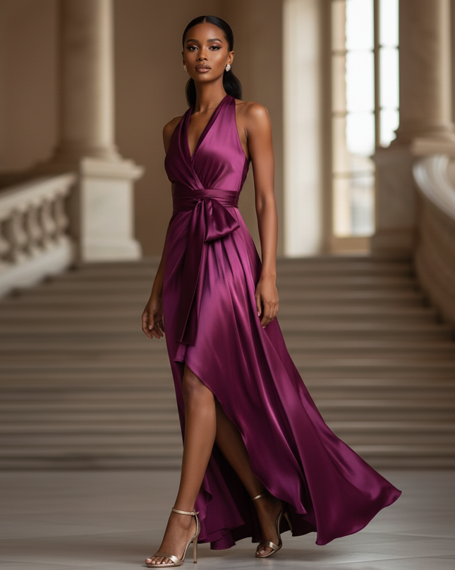 Satin Kleid - Satin Maxikleid Bodycon Rosa - Halter Rueschen Maxi - Ansicht 3