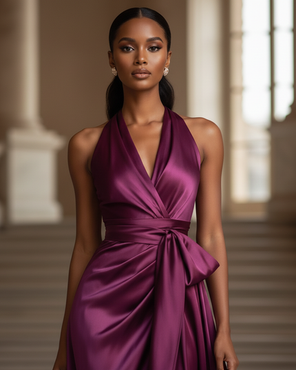 Satin Kleid - Satin Maxikleid Bodycon Rosa - Halter Rueschen Maxi - Ansicht 4