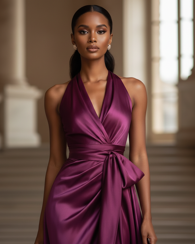 Satin Kleid - Satin Maxikleid Bodycon Rosa - Halter Rueschen Maxi - Ansicht 4