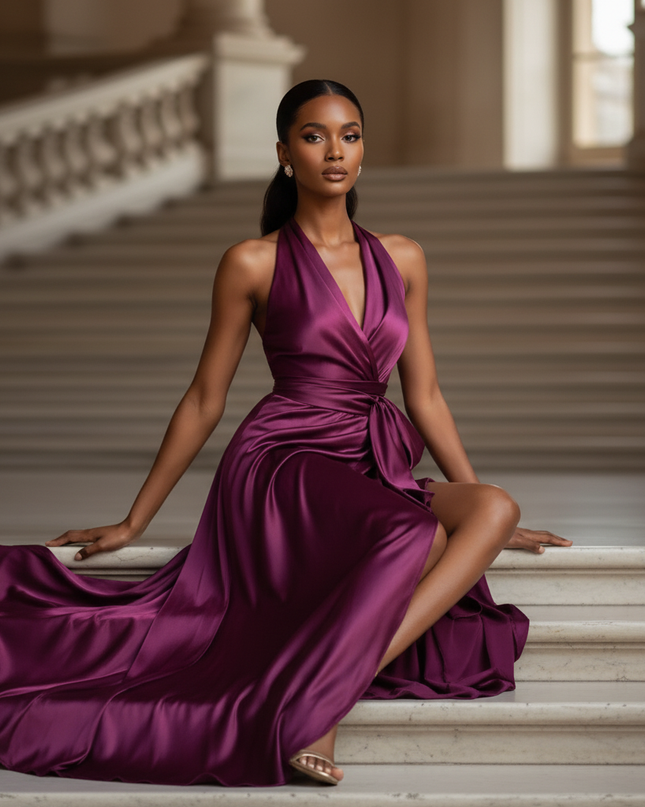Satin Kleid - Satin Maxikleid Bodycon Rosa - Halter Rueschen Maxi - Ansicht 5