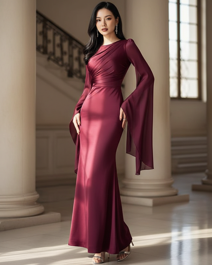Satin Kleid - Satin Maxikleid Bodycon - Enganliegendes Kleid Lila - Ansicht 1