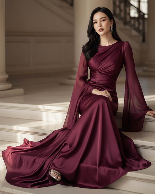 Satin Kleid - Satin Maxikleid Bodycon - Enganliegendes Kleid Lila - Ansicht 5