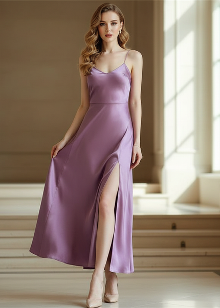 Satin Kleid - Satin Maxikleid Corsage Bordeaux - Lila Slip Dress - Ansicht 1