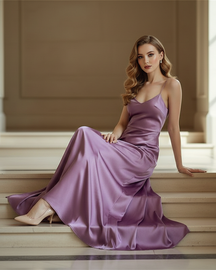 Satin Kleid - Satin Maxikleid Corsage Bordeaux - Lila Slip Dress - Ansicht 5