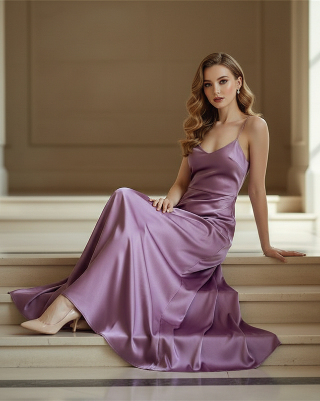Satin Kleid - Satin Maxikleid Corsage Bordeaux - Lila Slip Dress - Ansicht 5