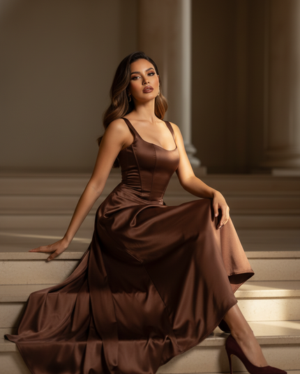 Satin Kleid - Satin Maxikleid Corsage Braun - Figurbetonend Maxi - Ansicht 5