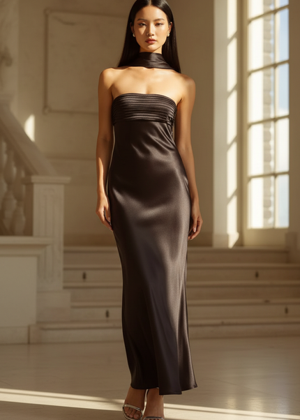 Satin Kleid - Satin Maxikleid Elegant Schwarz - Traegerlos Plisse - Ansicht 1