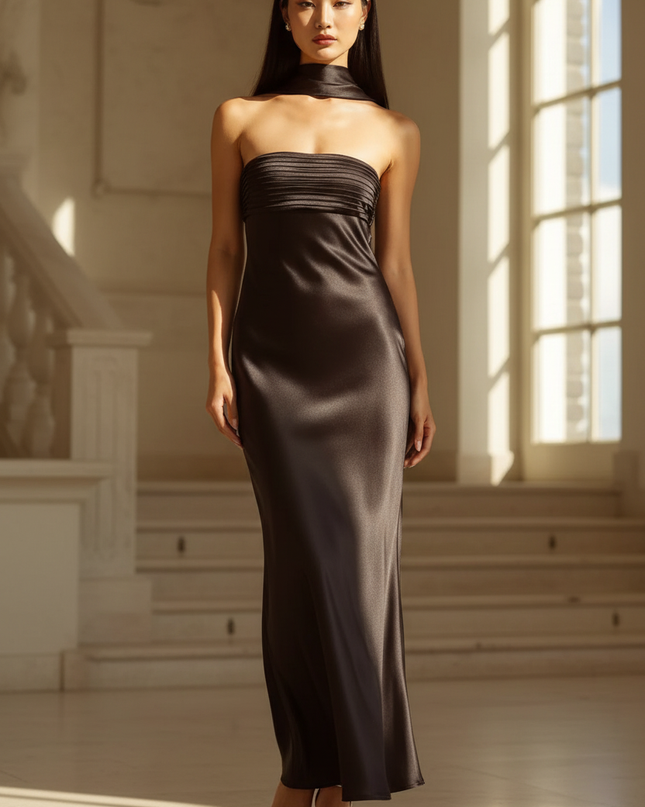 Satin Kleid - Satin Maxikleid Elegant Schwarz - Traegerlos Plisse - Ansicht 1