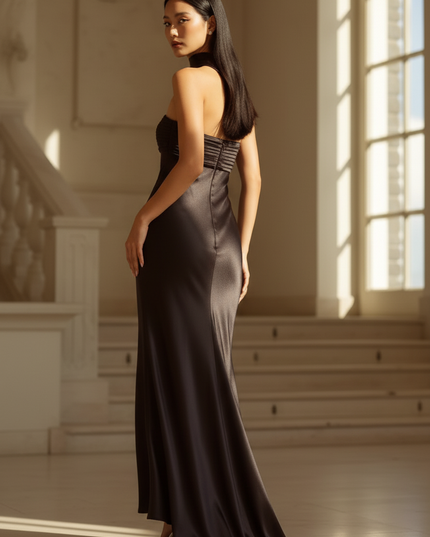 Satin Kleid - Satin Maxikleid Elegant Schwarz - Traegerlos Plisse - Ansicht 2