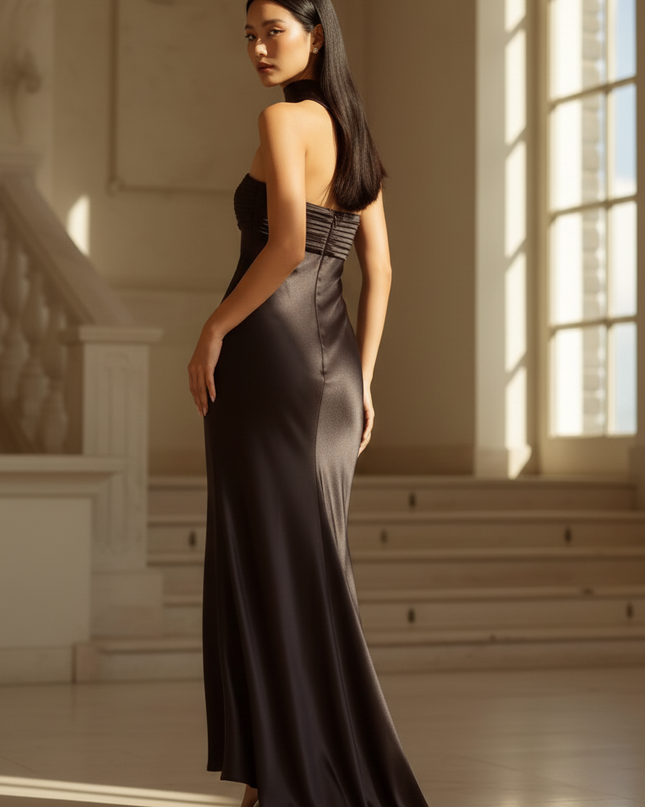 Satin Kleid - Satin Maxikleid Elegant Schwarz - Traegerlos Plisse - Ansicht 2